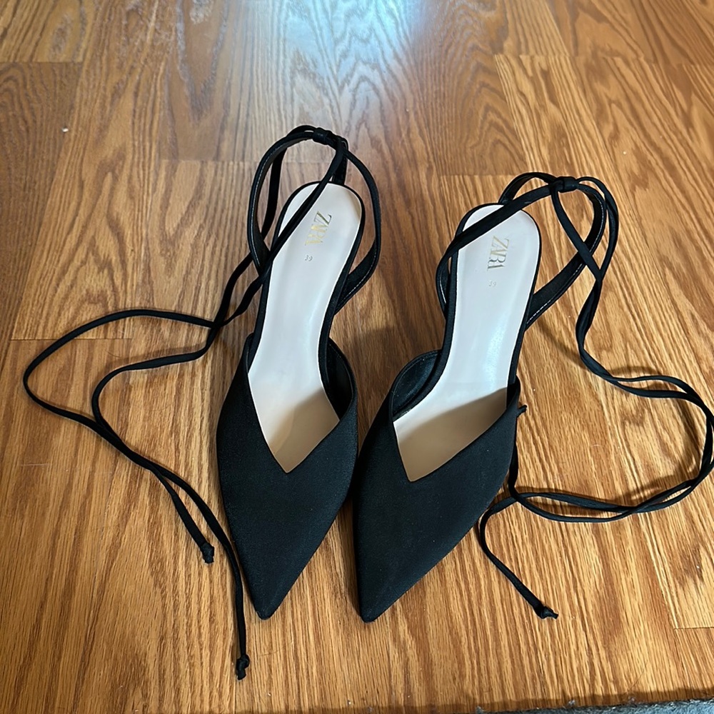 Zara black heels with tie around ankle straps